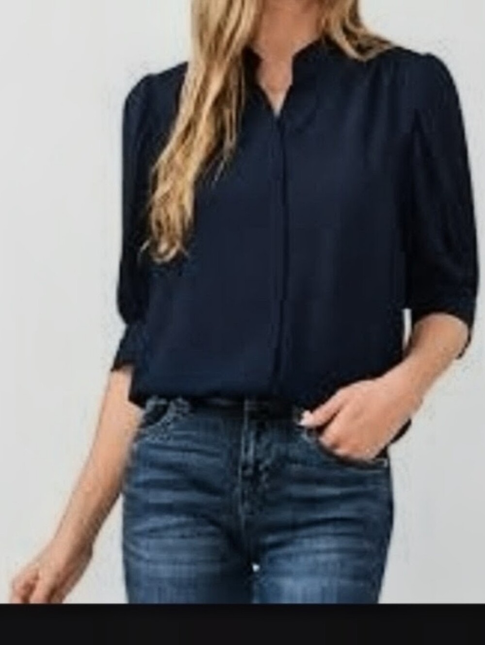 Classic Navy V-Neck Puff Sleeve Blouse